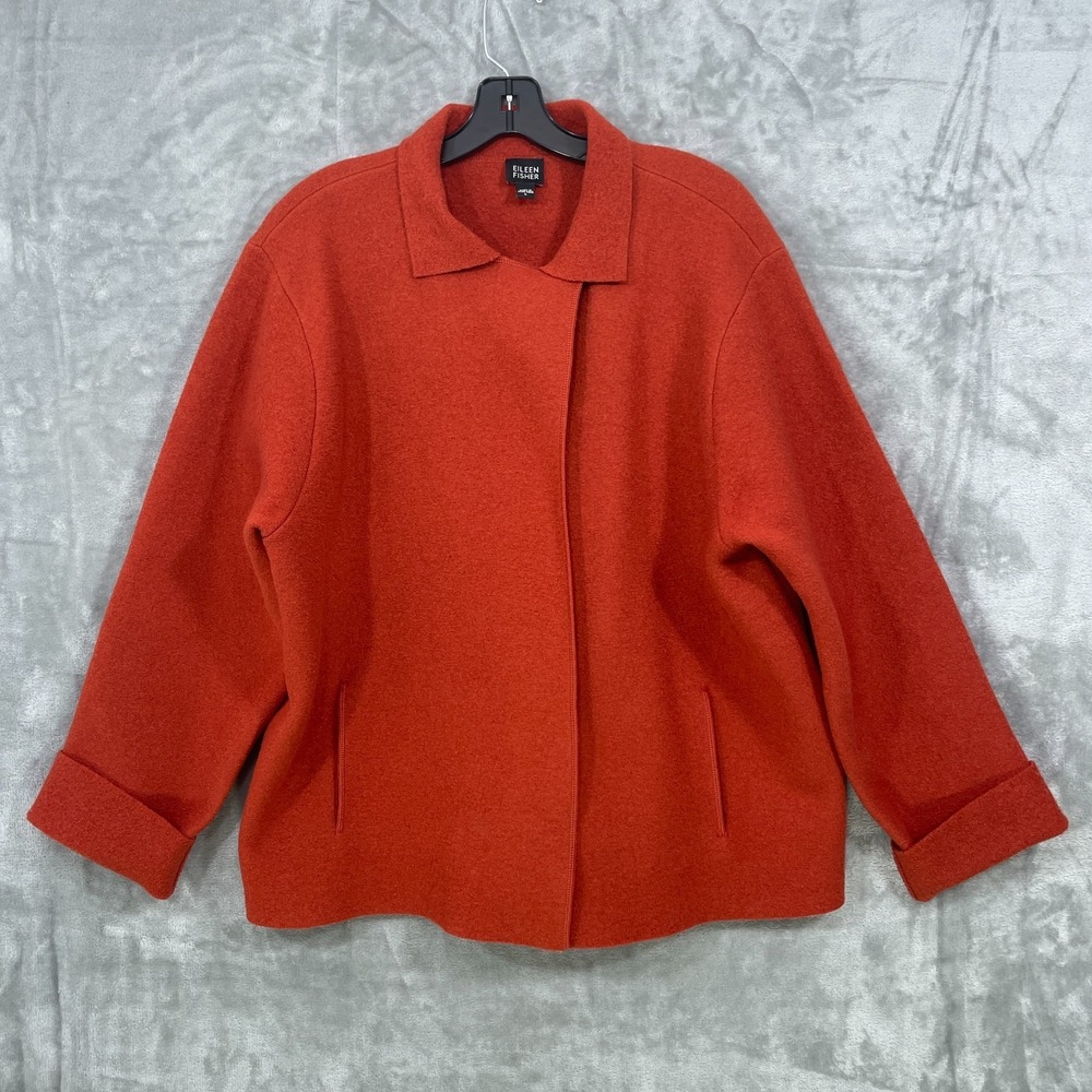 EILEEN FISHER Boiled Wool Jacket Size L Orange Terra Cotta One Button Closure